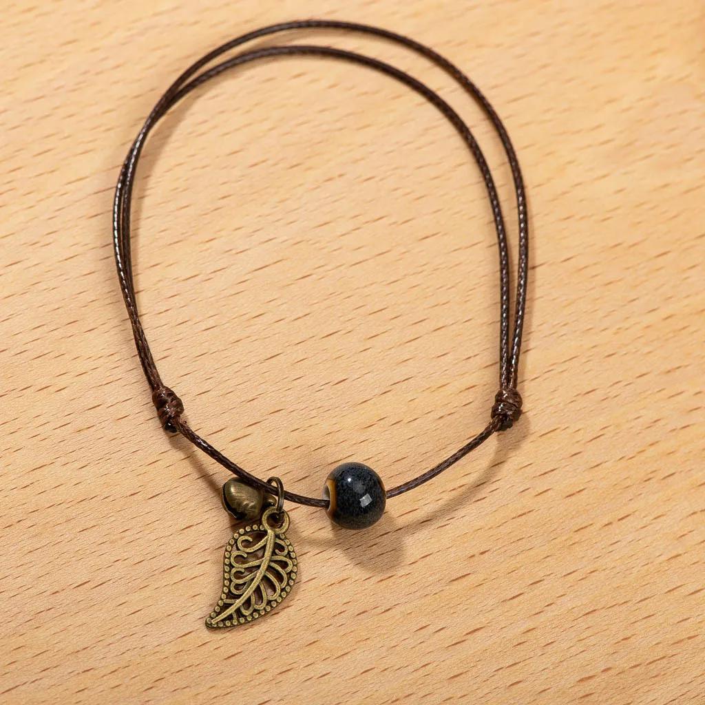 Vintage Leaf Bracelet Small Bell and Colorful Flower Glazed Ceramic Bead Pendant Leather Rope Anklet Women Ethnic Style Pulseras