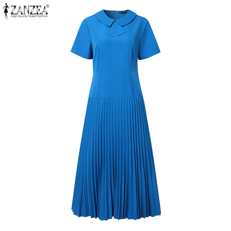 ZANZEA Damen Sommerkleid mit kurzen Ärmeln und lässigem Plissee