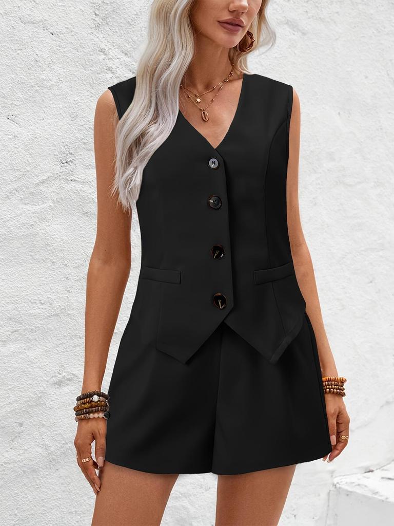 Elegant Women's V-neck Button Decor Vest & Shorts Two-Piece Set - 2025