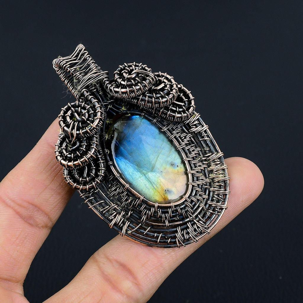 Labradorite Pendant, Handmade Gemstone 999 Copper Wire Wrapped Pendant Antique Jewelry, For Gift Silver Jewelry