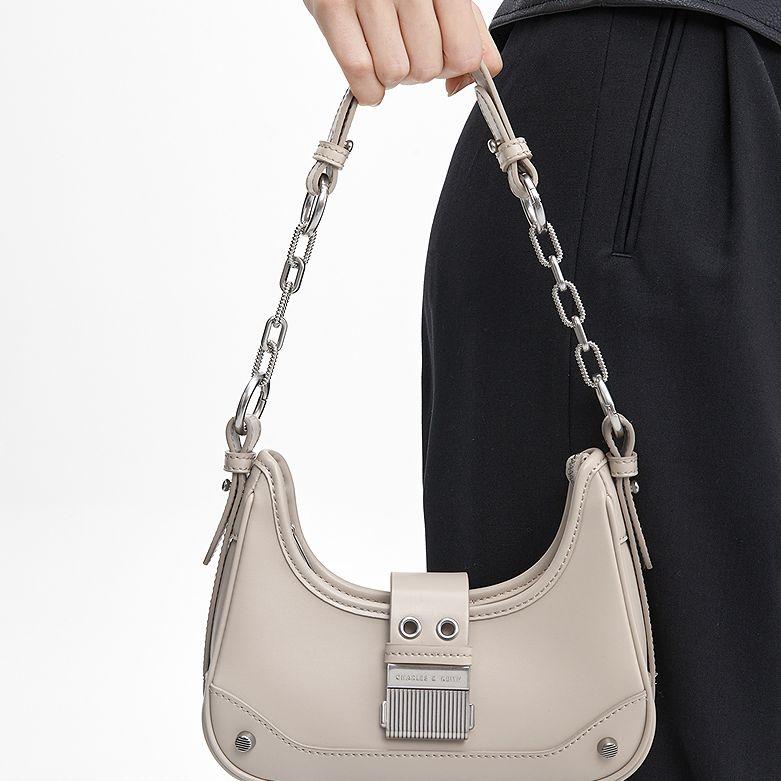Charles & Keith Patchwork Chain Versatile PU Woven Underarm Bag Moon Bag Tote Shoulder Bag Women bags Multicolor CK2-40271053