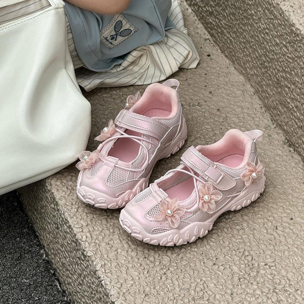 Summer Kids Sport Sneakers for Girl Pearl Lace Mary Jane Flats Lightweight Non-Slip Back To School Children Running Sandals