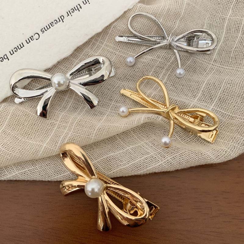 New Trendy Metal Bowknot Pearl Hair Clips For Women Sweet Mini Low Ponytail Side Duckbilled Clip Hair Accessories