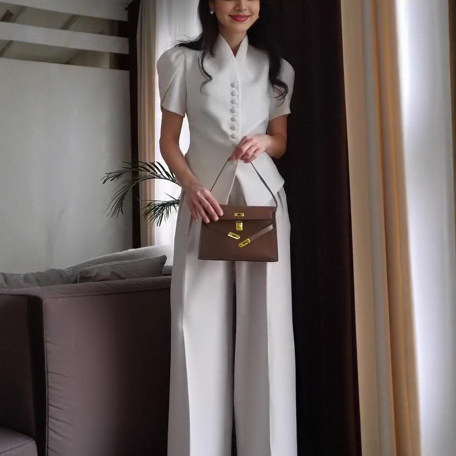 summer new cross-border European and American casual bag sleeve suit button cardigan long sleeve jacket loose wide leg pants suit