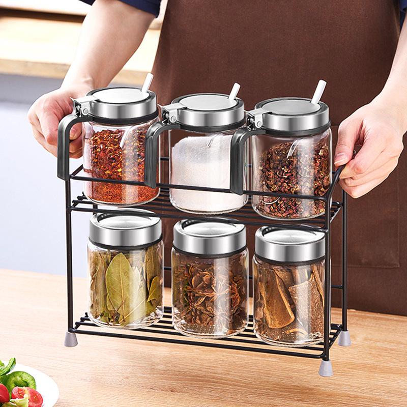 Stainless Steel Glass Kitchen Seasoning Jars Set with Spring Lid & Spoon
