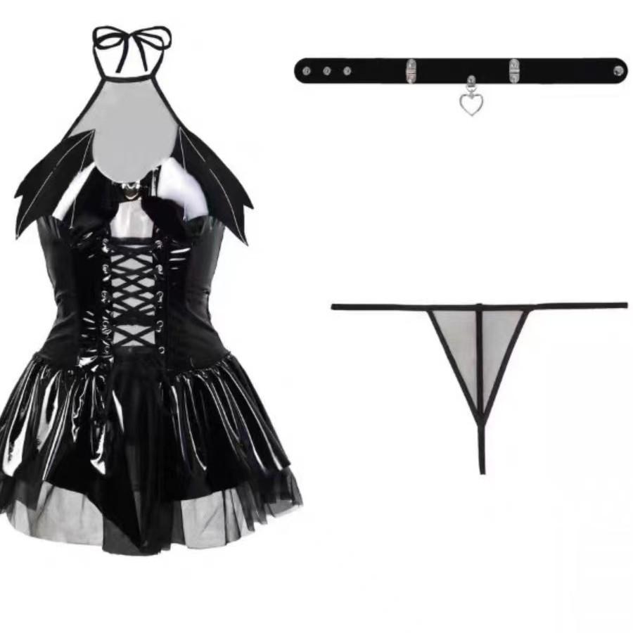 Fun women's new patent leather demon uniform suit role-playing glossy PU neck strap perspective skirt