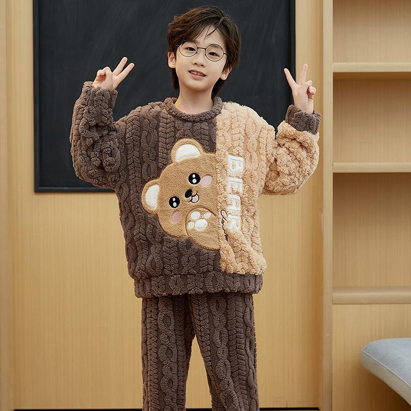 Kids Flannel Pajamas Set Boys Girls Warm Long Sleeve Top And Pants Sleepwear Winter Home Nightwear