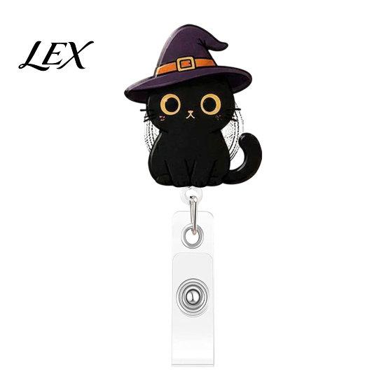 Portable Badge Reel for Backpacks Halloween Black Cat Pumpkin Reel, Retractable with 360 Degree Rotating Clip, Durable Key Chain Acrylic Decorative ID