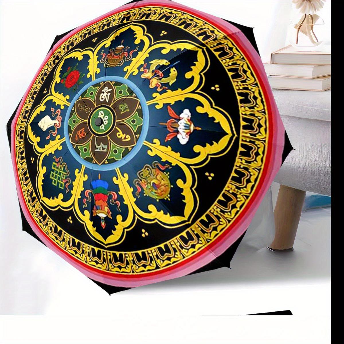 

Automatic Folding Umbrella with Mandala Pattern - Portable Collapsible Design, 8-Rib Durable Frame, Vibrant Colors for All-Sea Iron&8K