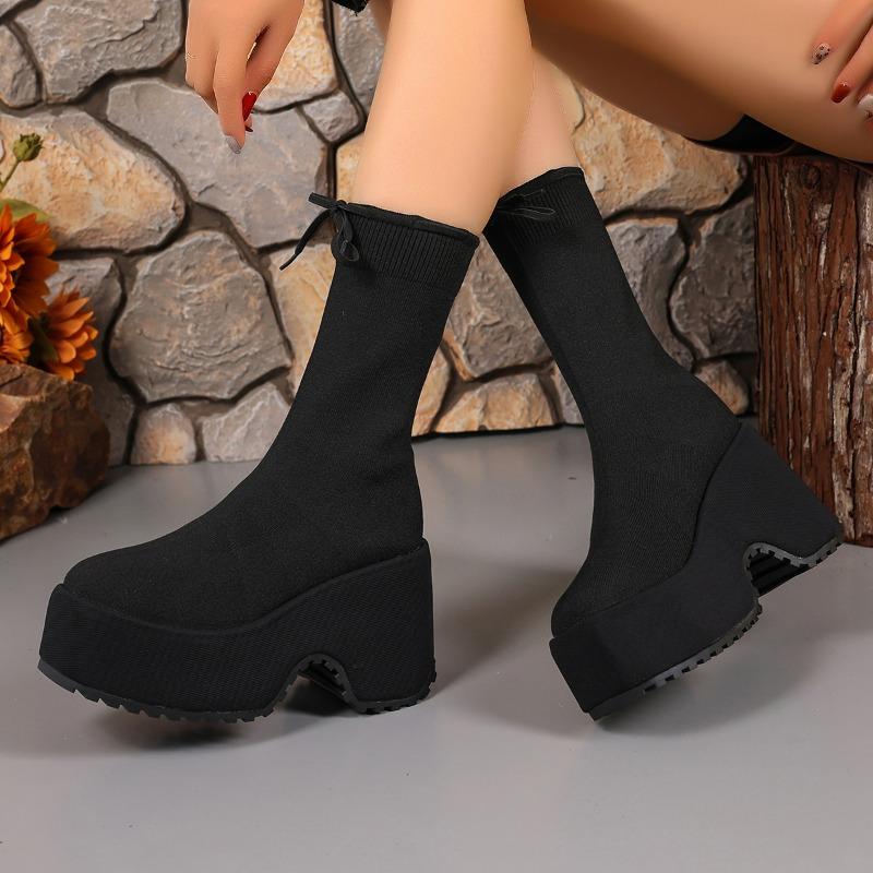 2025 Trend Woman New Chelsea Pumps Platform Women Knitting Ankle Sock Boots Fashion Winter Snow Botas Mujer Bow High Heels Shoes