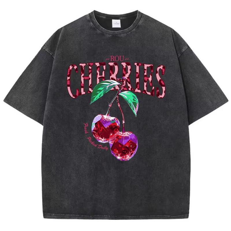 Cherry Perfection Washed T Shirt Women Cotton Leopard Prints Oversize Tops Vintage Black O-Neck T-Shirts Summer Woman Clothes