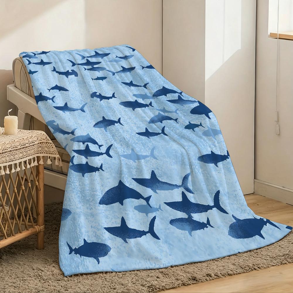 1pc Shark Print Throw Lightweight 240g Flannel Blanket Soft Skin-friendly for Summer Cooling