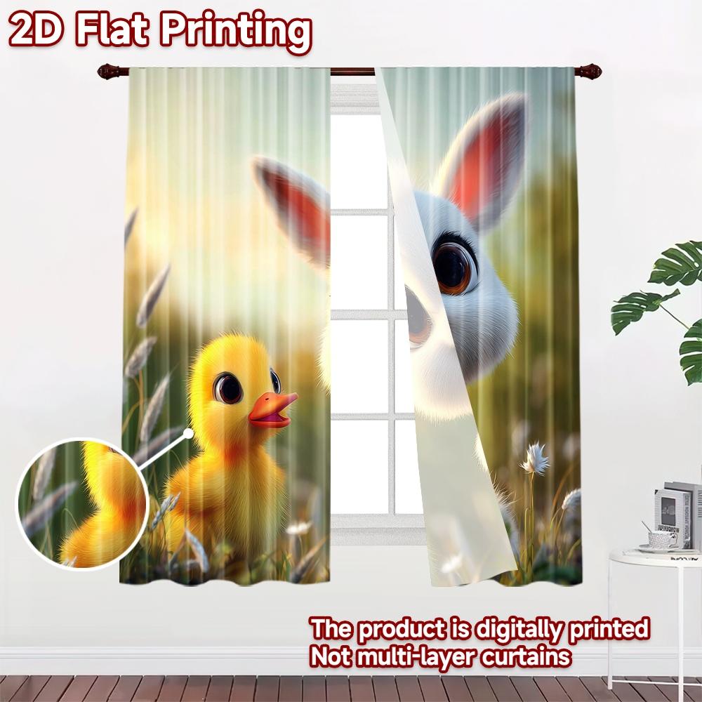2D Flat Printing 2pcs Window Treatment Curtains Cute Bunny Duckling Spring Digital Printed Polyester Drapes Seasonal Party &