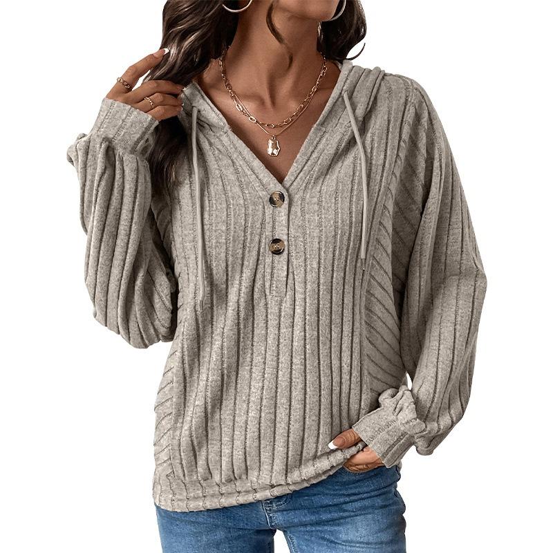 Home-based Casual and Laid-back Style Hooded Plain-color Knitted Pullover Hoodie