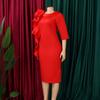 Women Elegant Solid High Waist Ruffle Square Neck Bodycon Midi Dress