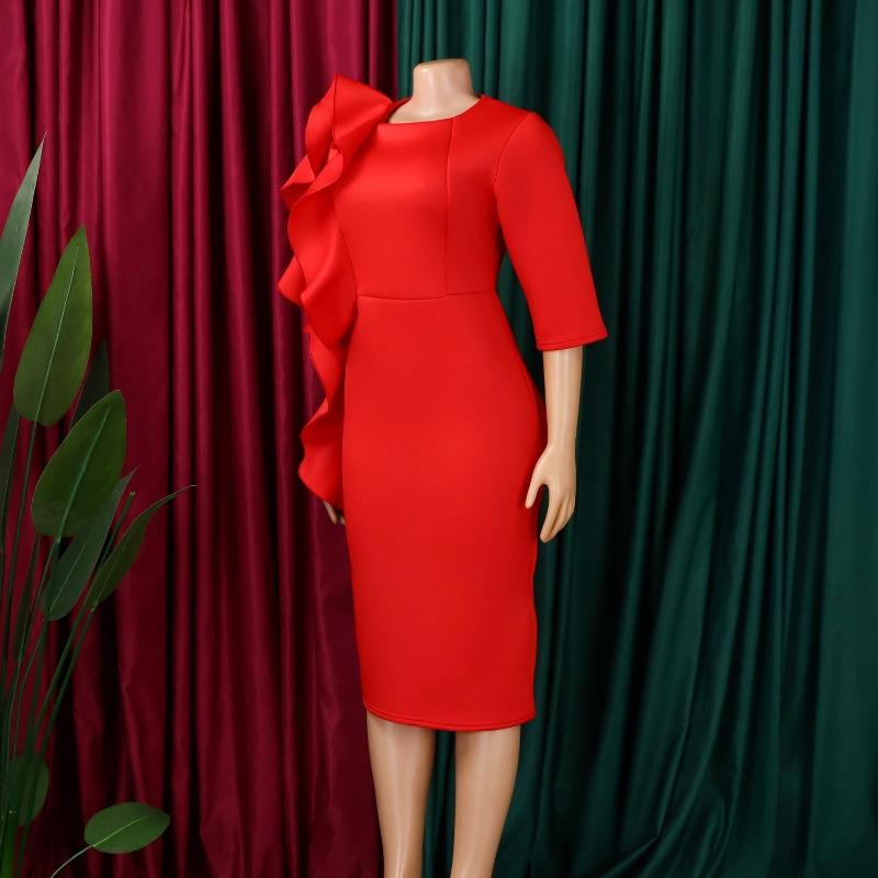 Women Elegant Solid High Waist Ruffle Square Neck Bodycon Midi Dress