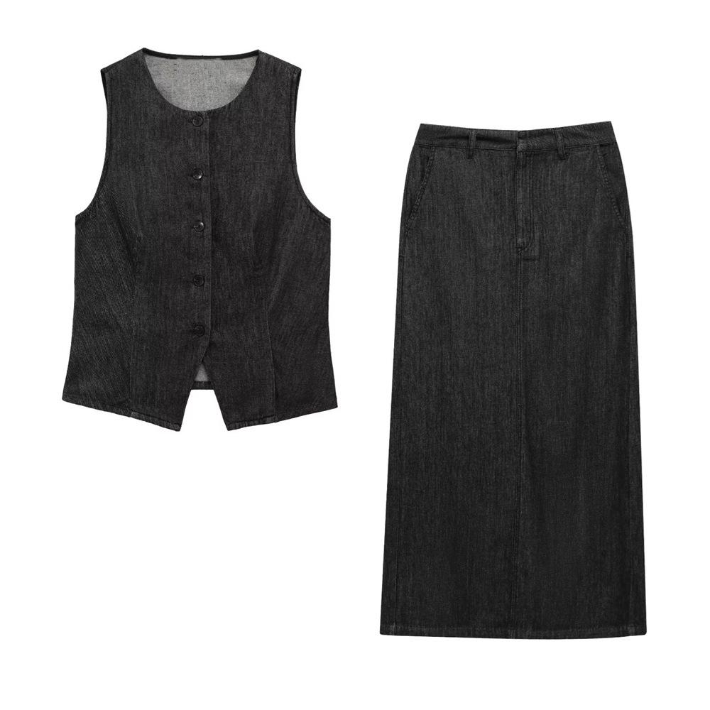 

Spring 2025 Women s Denim Sleeveless Vest & High-Waisted Midi Skirt Set Extra Small