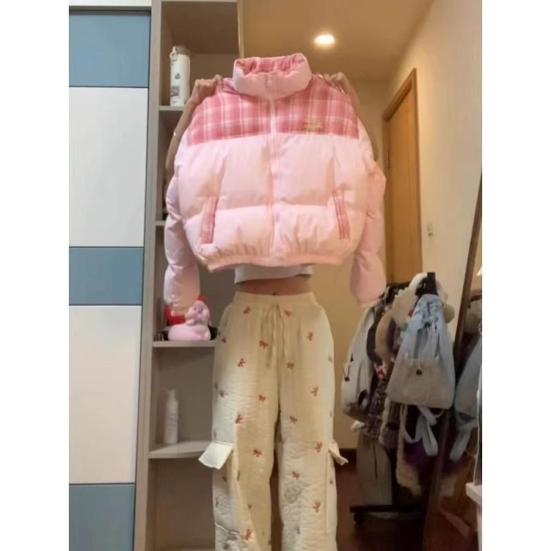 Womens Winter Puffer Jacket With Plaid Patchwork Design Thick Warm Short Coat Loose Fit Stand Collar Cotton Blend