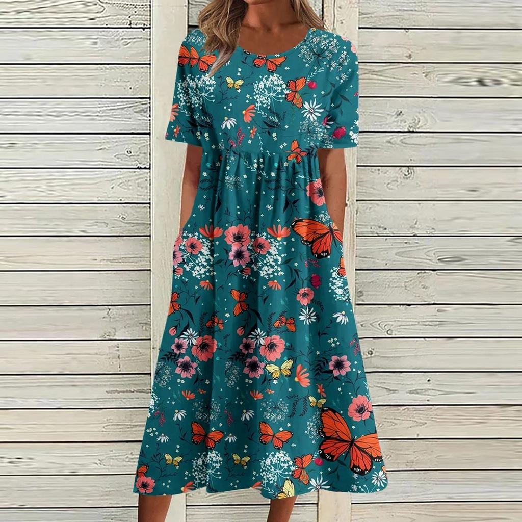 Kjoler Til Dameklær Lange Ballkjoler Boho Utskrift O-hals Kortermede kjoler med lomme