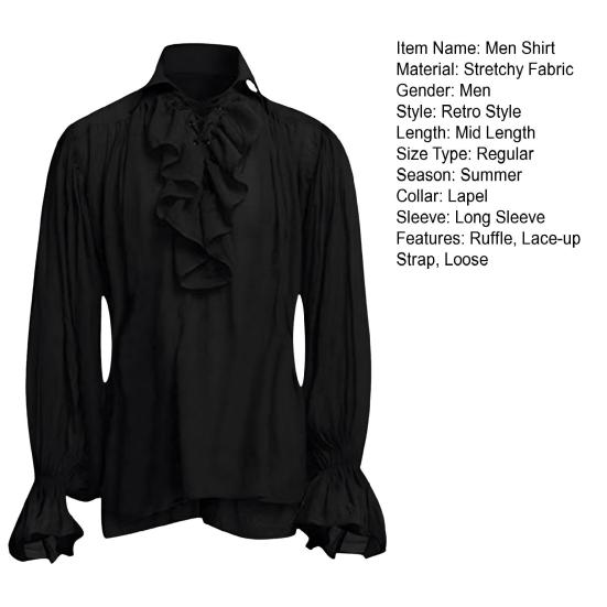 Men Shirt Medieval Ruffle Long Sleeves Color Lace-up Sleeves Strap Puff Solid Pleated Loose Lapel Vintage Halloween Party Cosplay