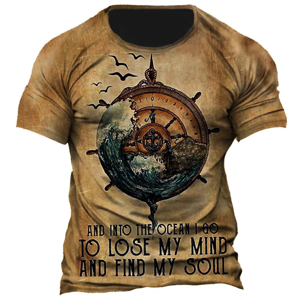 Retro Men's T-shirt, American Summer T-shirt, Compass Printed Short Sleeved T-shirt, Loose Men's Daily Clothing, Casual Streetwear
