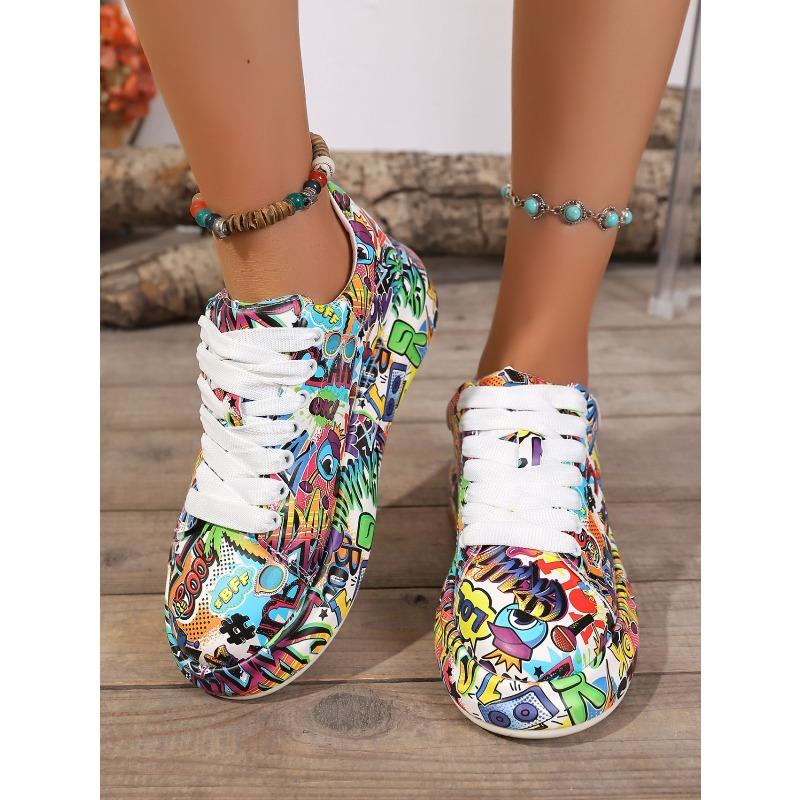 2025 New Arrival Oversized Sneakers with Colorful Letter Prints, Thick Soles, Lace-Up Round Toe, Sporty Style Women's Shoes