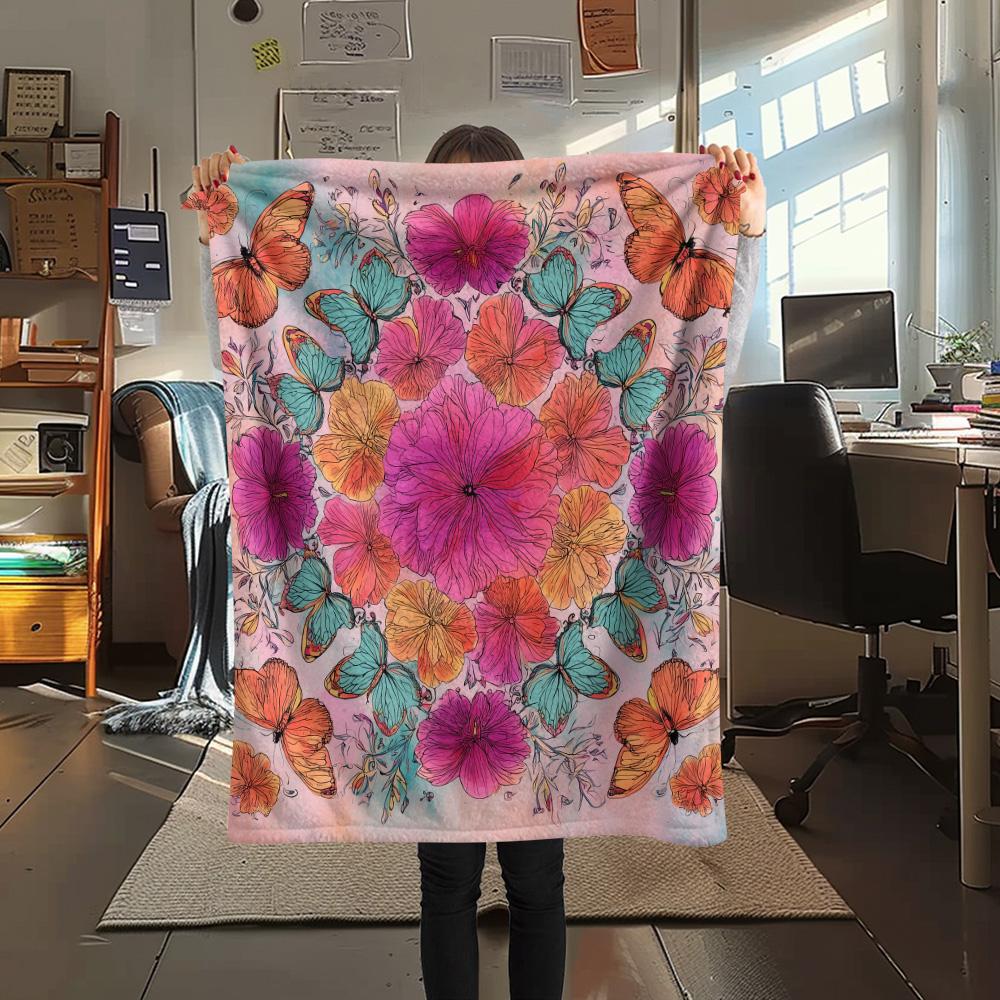 Flower Butterfly  Print Flannel Blanket, High quality Comfortable for All Seasons, Home Decor, Warmth and Comfort