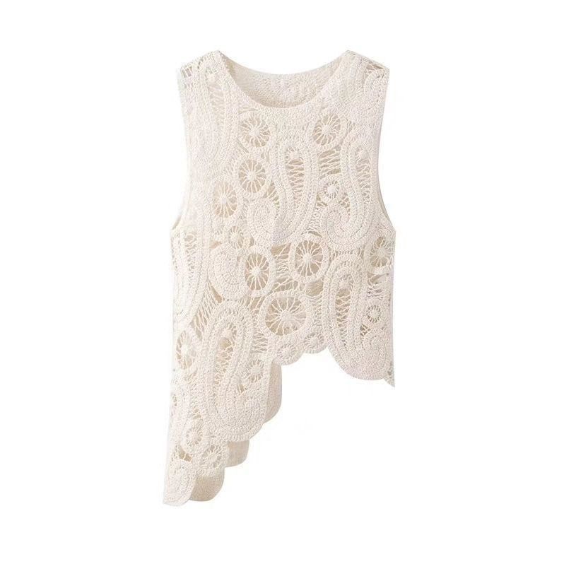 Chaleco de punto retro ahuecado de crochet con diseño nuevo de verano sin mangas cortas