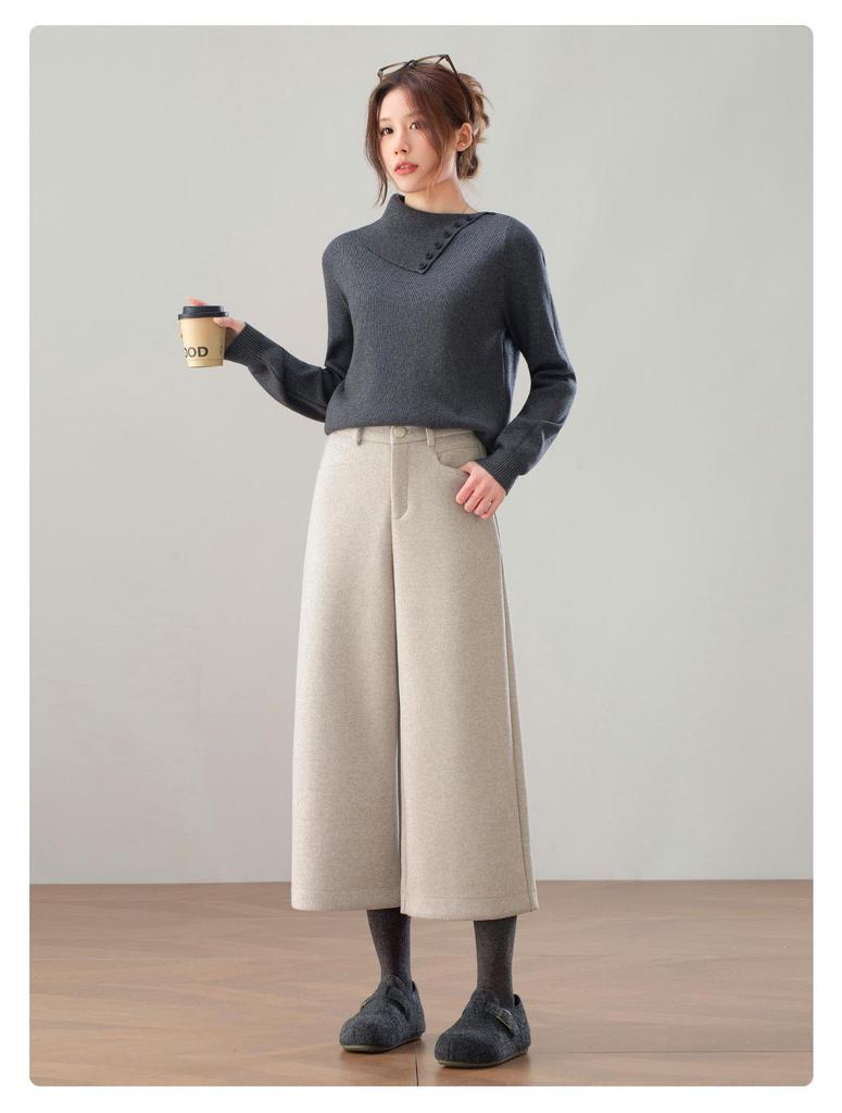 Women's 2025 Winter High-Waisted Wool Blend Wide-Leg Pants: Petite & Plus, Thickened, Slimming, Casual Cropped Commuter Style.
