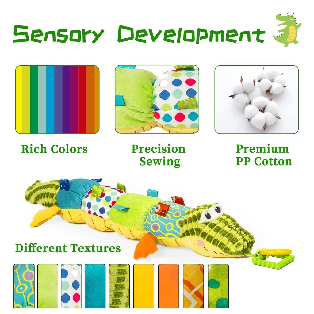 Infant Sensory Musical Stuffed Animal Toys with Crinkle,Rattle and Multi-Textures,Tummy Time Toys for 0-3-6-12 Months Newborn,Kids,Crocodile