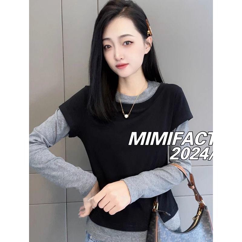 Plus Size Patchwork Faux Layer Long-Sleeve T-Shirt for Women, Slimming and Versatile Autumn Style.