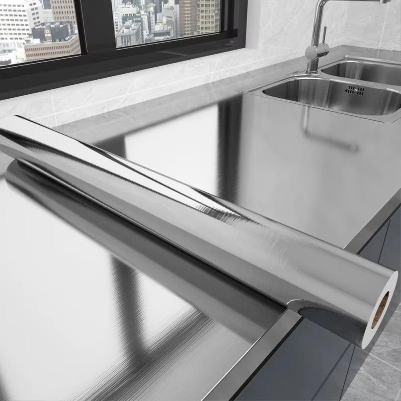 PVC Stainless Brushed Silver Removable Wallpaper Decor Film Vinyl Waterproof Oil-proof House Appliance Kitchen Elevator Sticker