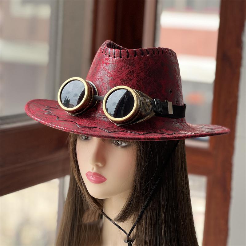 Vintage Western Cowboy Hat With Glasses Jazz Steampunk Heavy Metal Driver Goggles Cosplay Halloween Decorations for Adult Kids