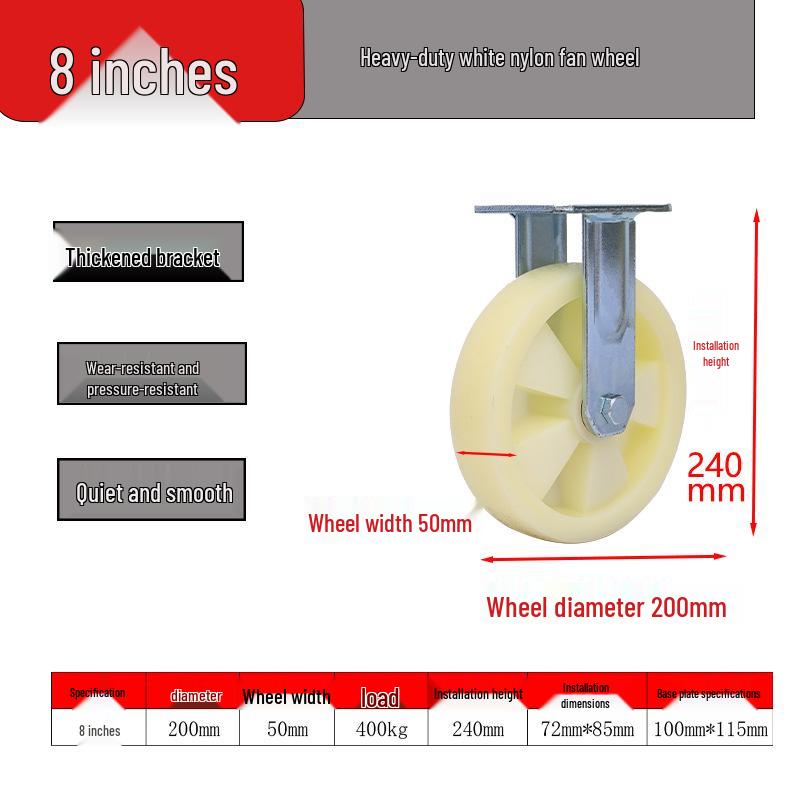 Heavy-Duty Nylon Swivel Caster with Brake - 4", 5", 6", 8" - Shock-Absorbing, Wear-Resistant.