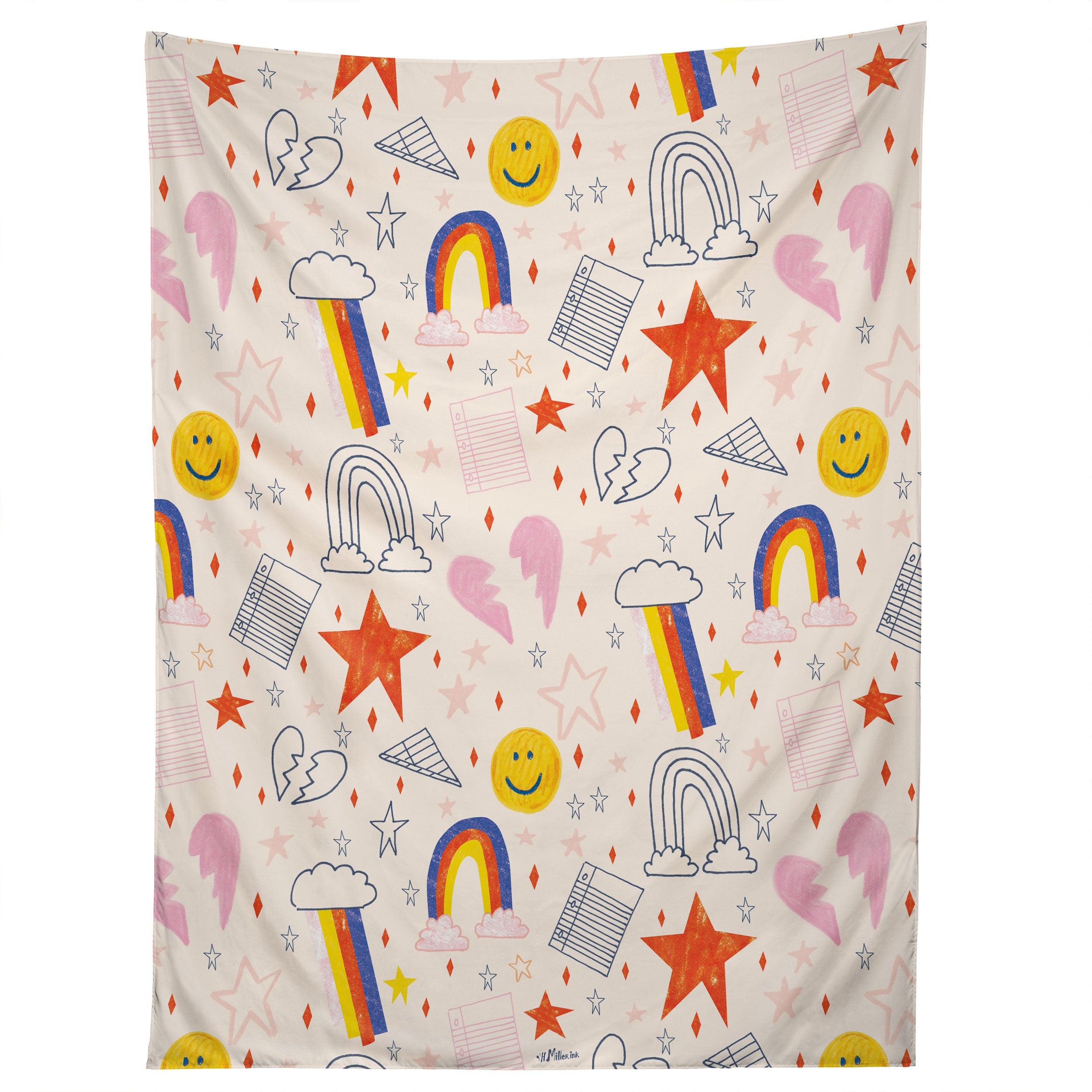 HAPPY SMILEY FACE RETRO RAINBOWS tapestry 75x100