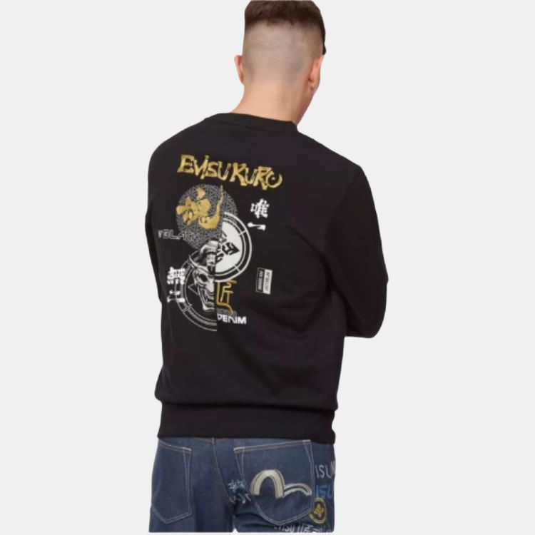 Evisu Letter Print Crew Neck Pullover Long Sleeve Sweatshirt Unisex sweatshirt Black 2EAGNM1SW424XXCT