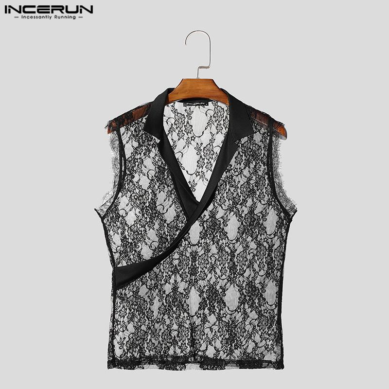 INCERUN Summer Men V Neck Sleeveless Patchwork Mesh Sheer Lace Tank Tops