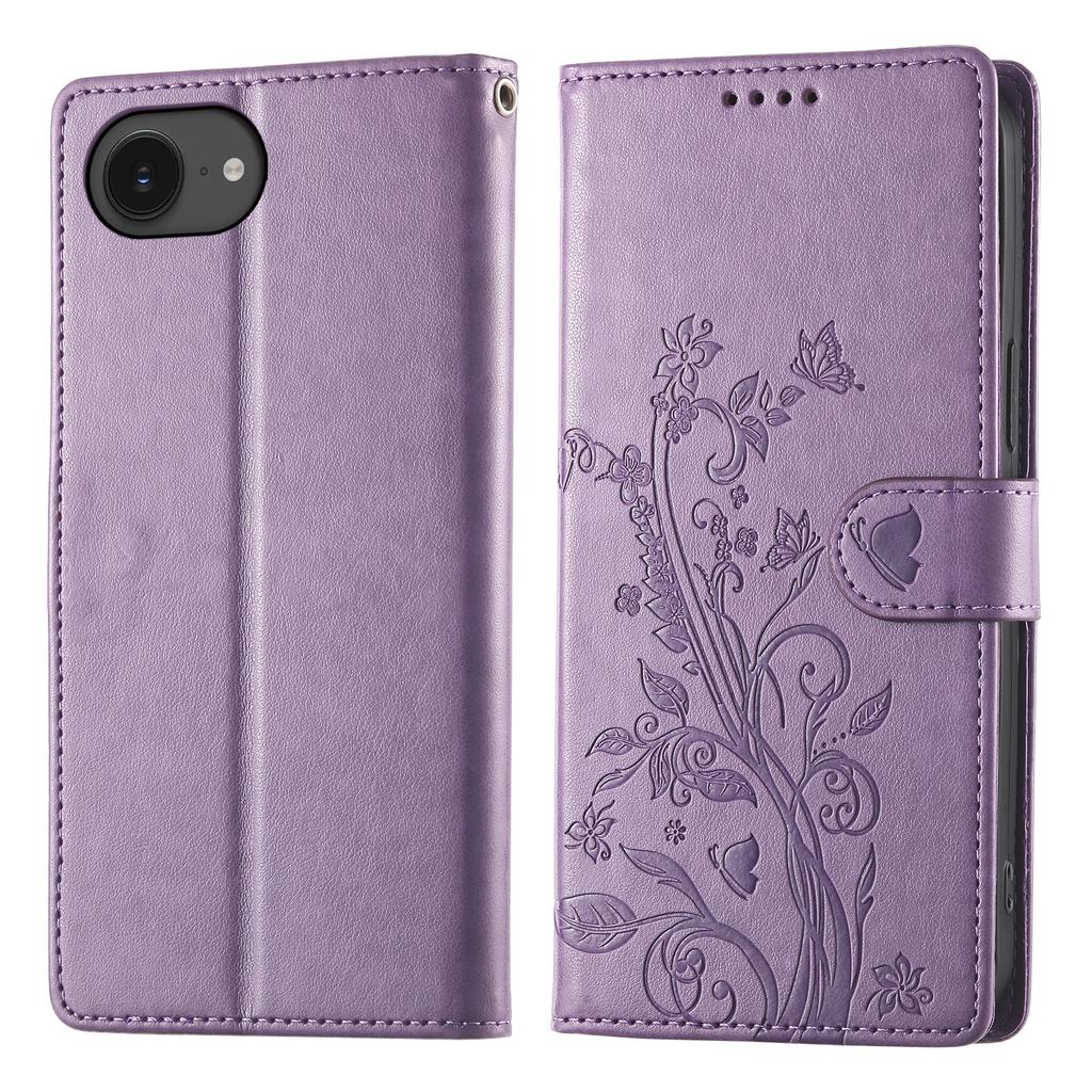 For iPhone 16e Wallet Case Butterfly Floral Imprint PU Leather Phone Cover with Wrist Strap