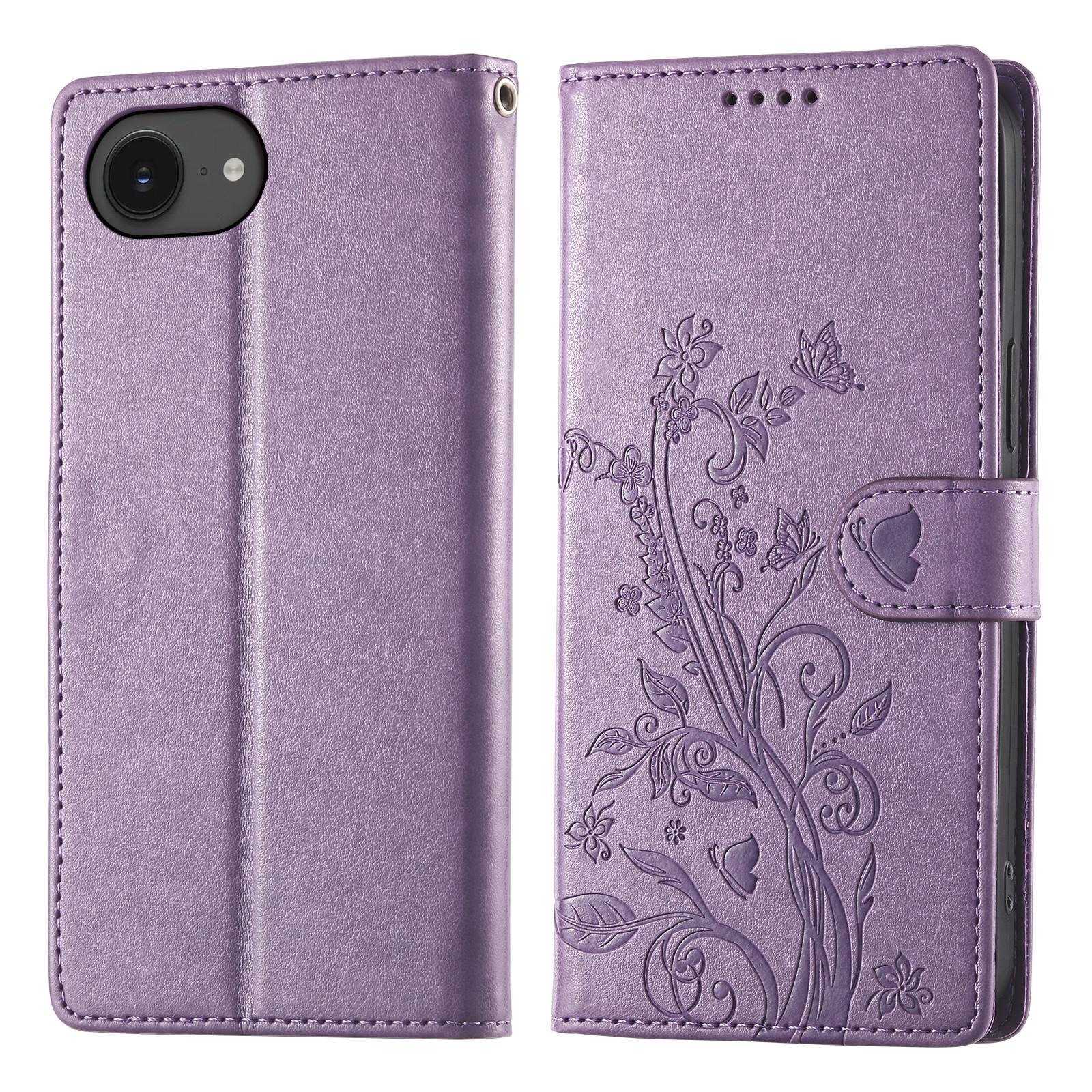 

For iPhone 16e Wallet Case Butterfly Floral Imprint PU Leather Phone Cover with Wrist Strap Purple