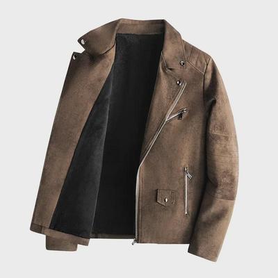 2024 Men's Korean Style Suit Collar Casual PU Leather Motorcycle Jacket - Light Mature, Velvet-Lined for Autumn & Winter