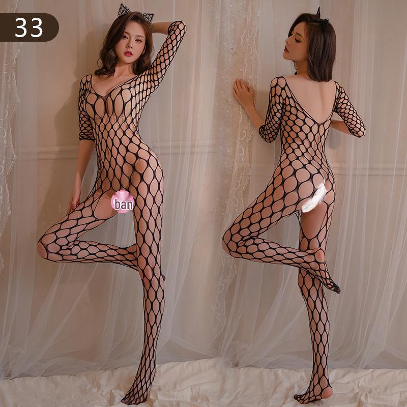 Black Open-Crotch Fishnet Bodysuit & Silk Robe Set