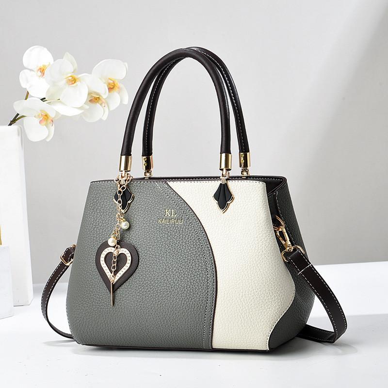 Stylish Color Block Shoulder Bag Versatile Fashionable Handbag For Women With Zipper Closure GrayWhite