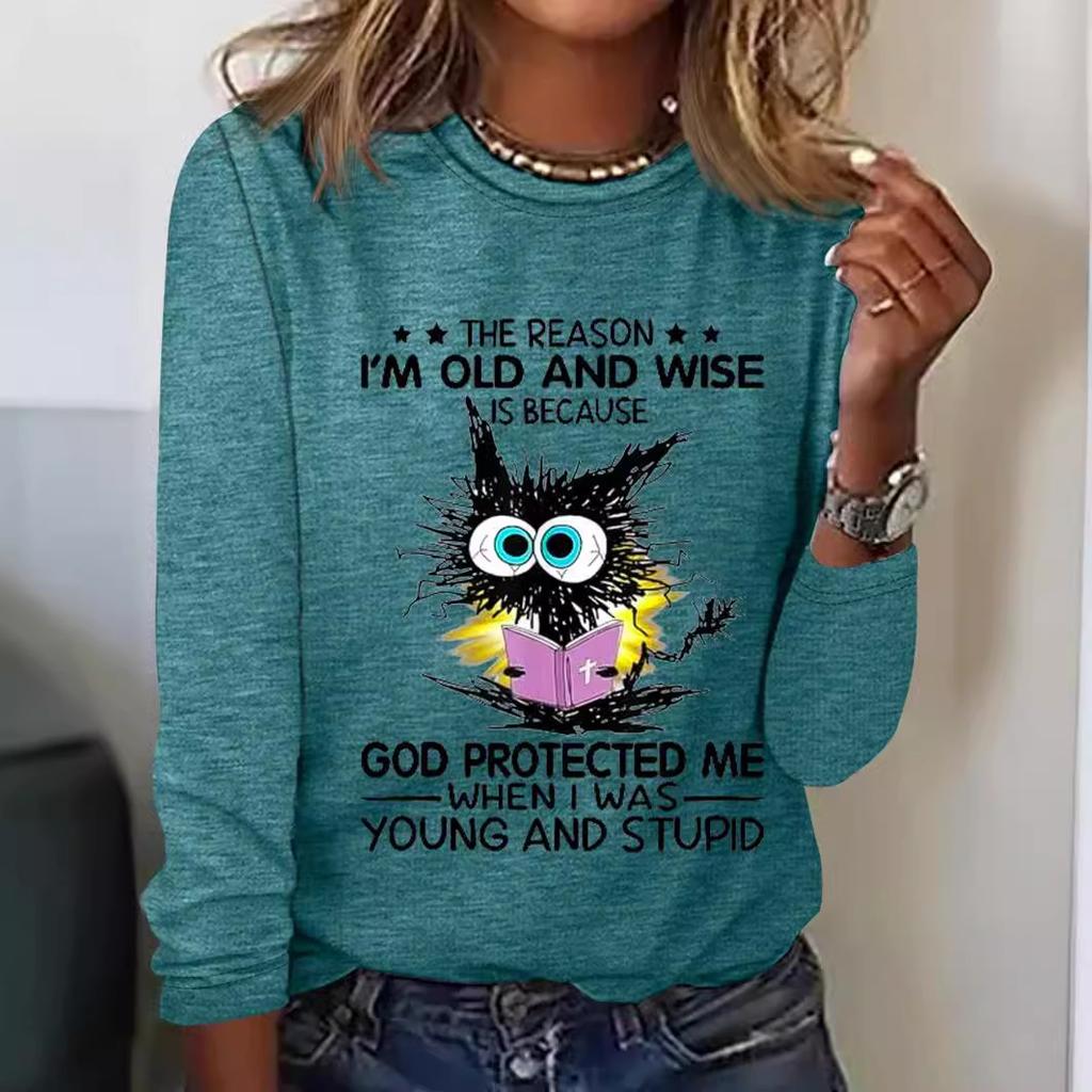 Fun Cat Print Top with Retro Artistic Style Round Neck Long Sleeved Women's T-shirts