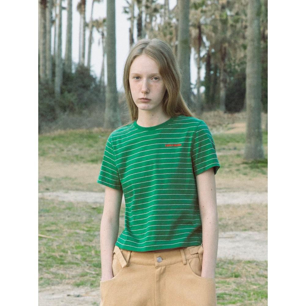 Saendeusaundeu (Women) Crop Striped Short Sleeve T-Shirt Green