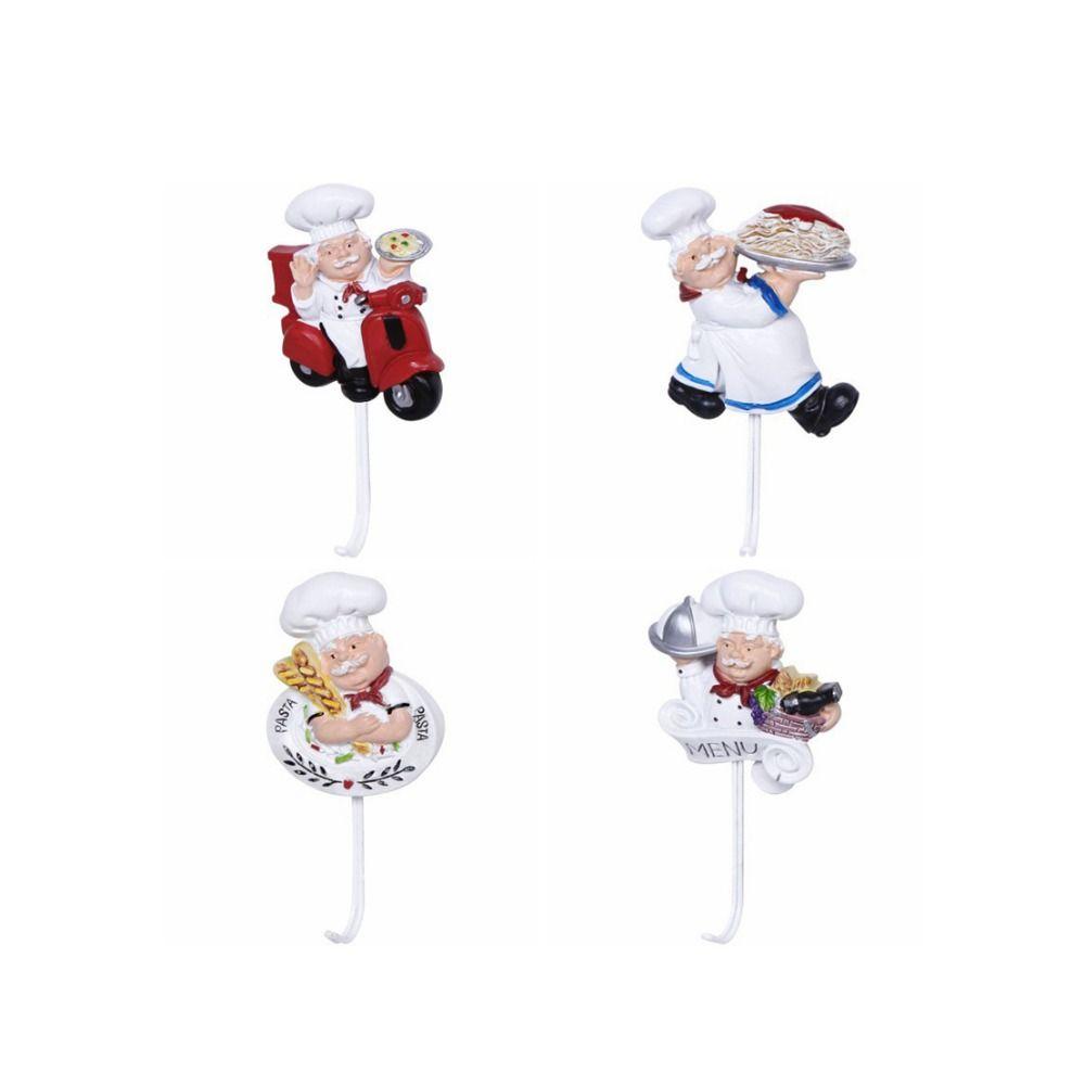 4pcs Cute Waterproof Cartoon Chef Hooks Plastic Resin Chef's Bread Hooks Wall Hanging Decorative Key Hangers Entrance