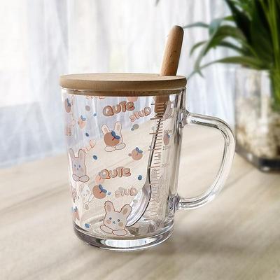 Glas Cartoon-Druck Milchbecher mit Deckel, Strohhalm und Löffel – Süße Frühstücksgeschenk-Tasse mit Logo
