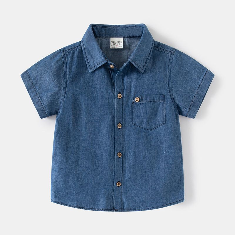 Summer Boys' Denim Short-Sleeve Shirt with Flap Pockets, Children's Collared Shirt, Baby Boy Casual Top, Children's Clothing