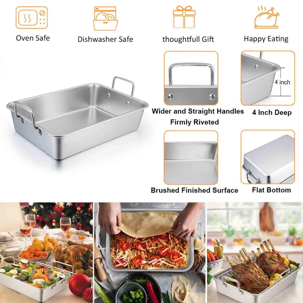 Roasting Pan 40x30x10CM Stainless Steel Turkey Roaster Pan with Baking V-Shaped Baking Rack for Roast Chicken Vegetable Baking