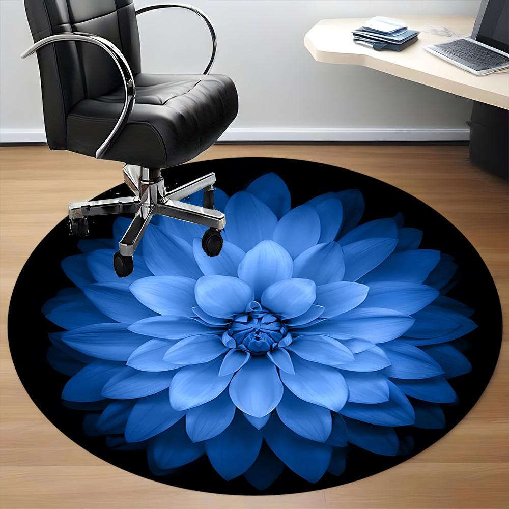 1 Stück Blauer Dahlien Teppich, Runder Rutschfester Langlebiger Großer Büroteppich, Geeignet für das Büro