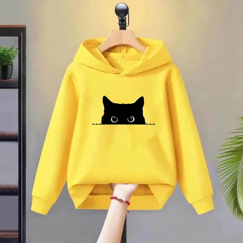 Kinder Kapuzenpullover Herbst Jacke Mädchen rosa Oberteile Hoodies Kind 3-12 Jahre Kleinkind Sweatshirt schwarze Katze Druck Freizeitkleidung